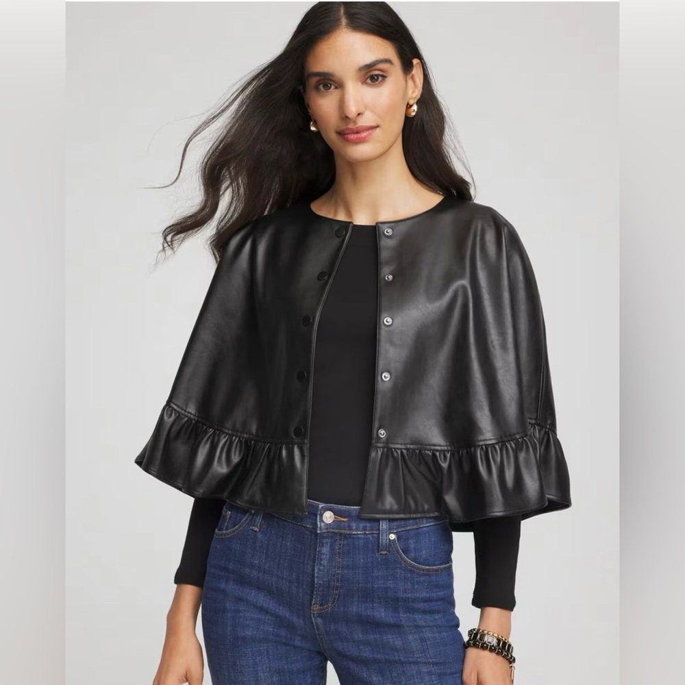 Chico’s Faux Leather Ruffled Cape Black NWT SZ S/M
